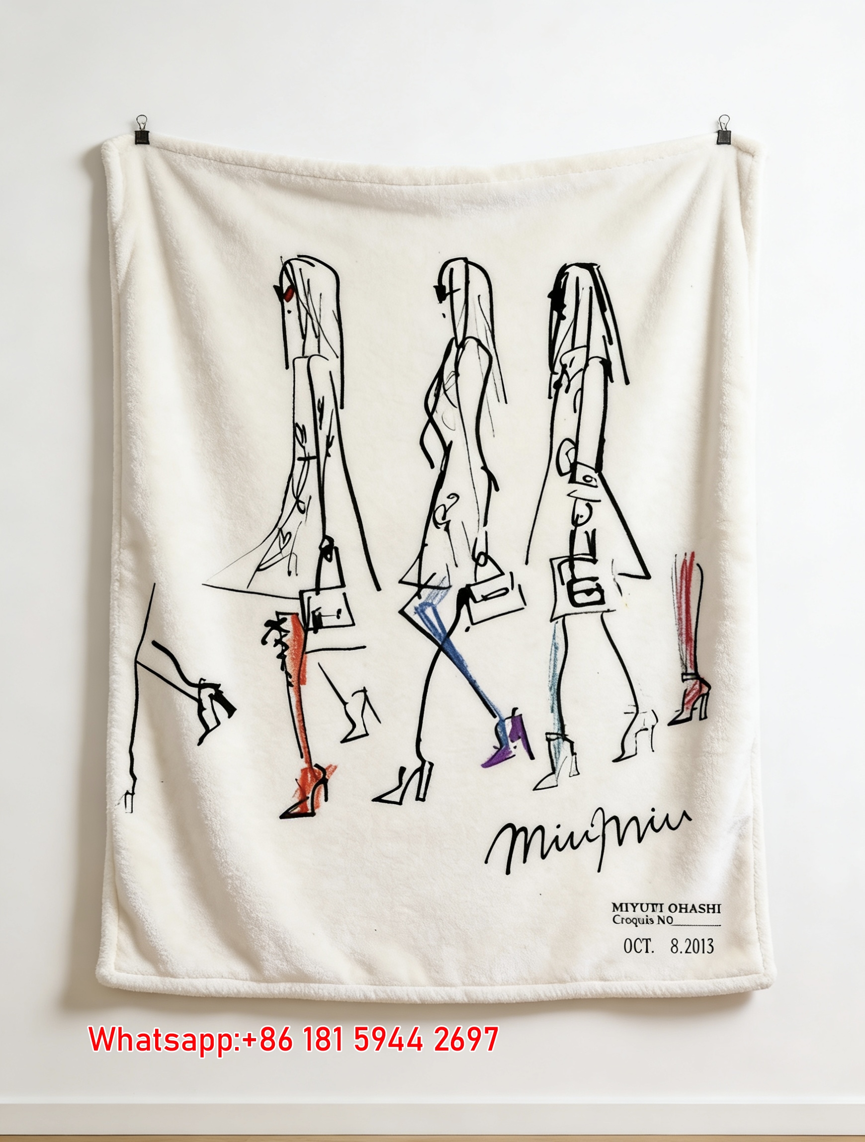 MiuMiu Colorful Fashion Sketch Print Flannel Sofa Throw Blanket – Vibrant Red Blue Purple & Black Line Art IMG_0501
